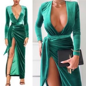 NWT House of CB Florence Velvet Plunge Maxi Dress L Emerald Drape Ruffle